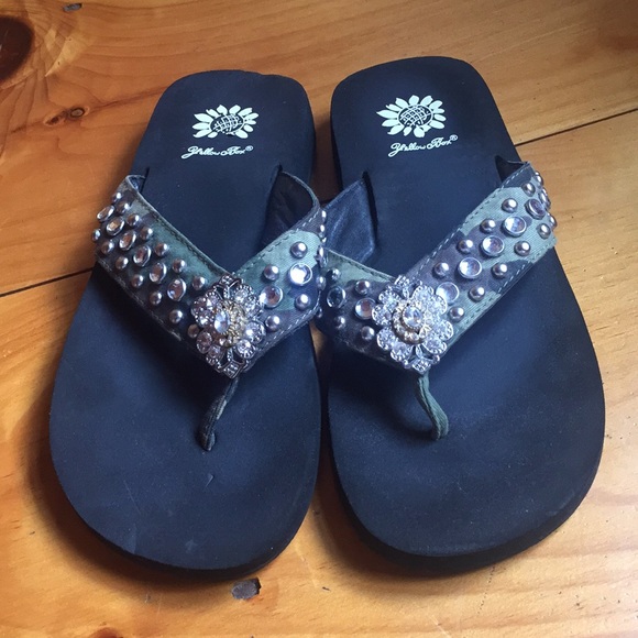 yellow box camo flip flops
